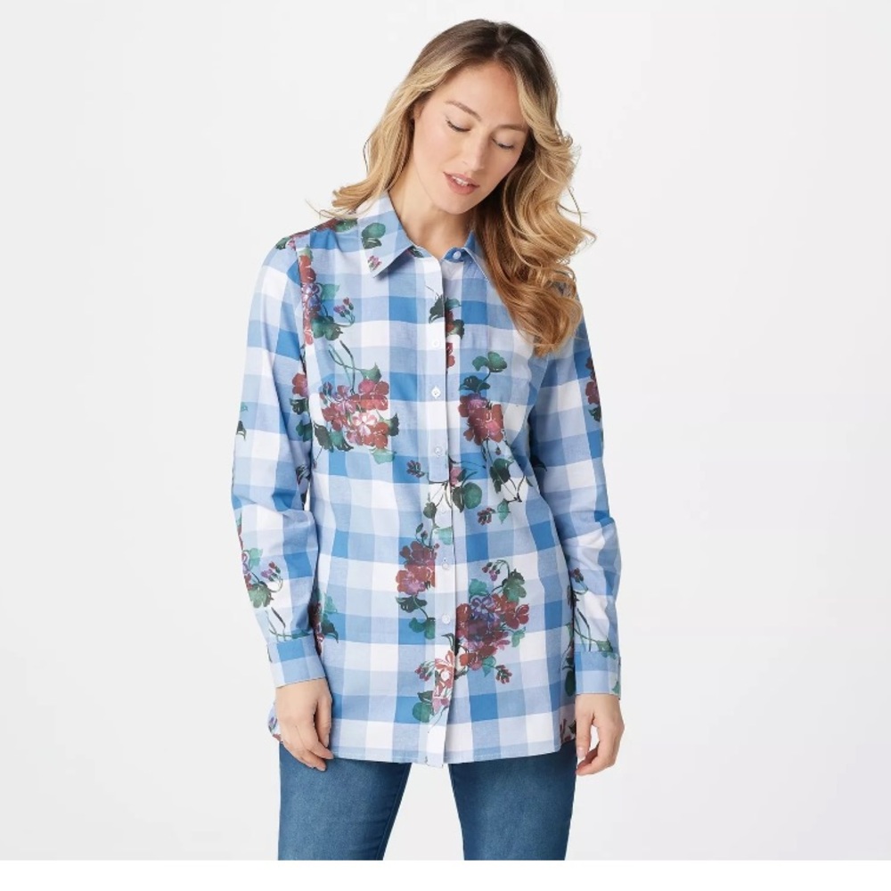 Denim & Company Yarn Dye Plaid Floral Button Down Blouse